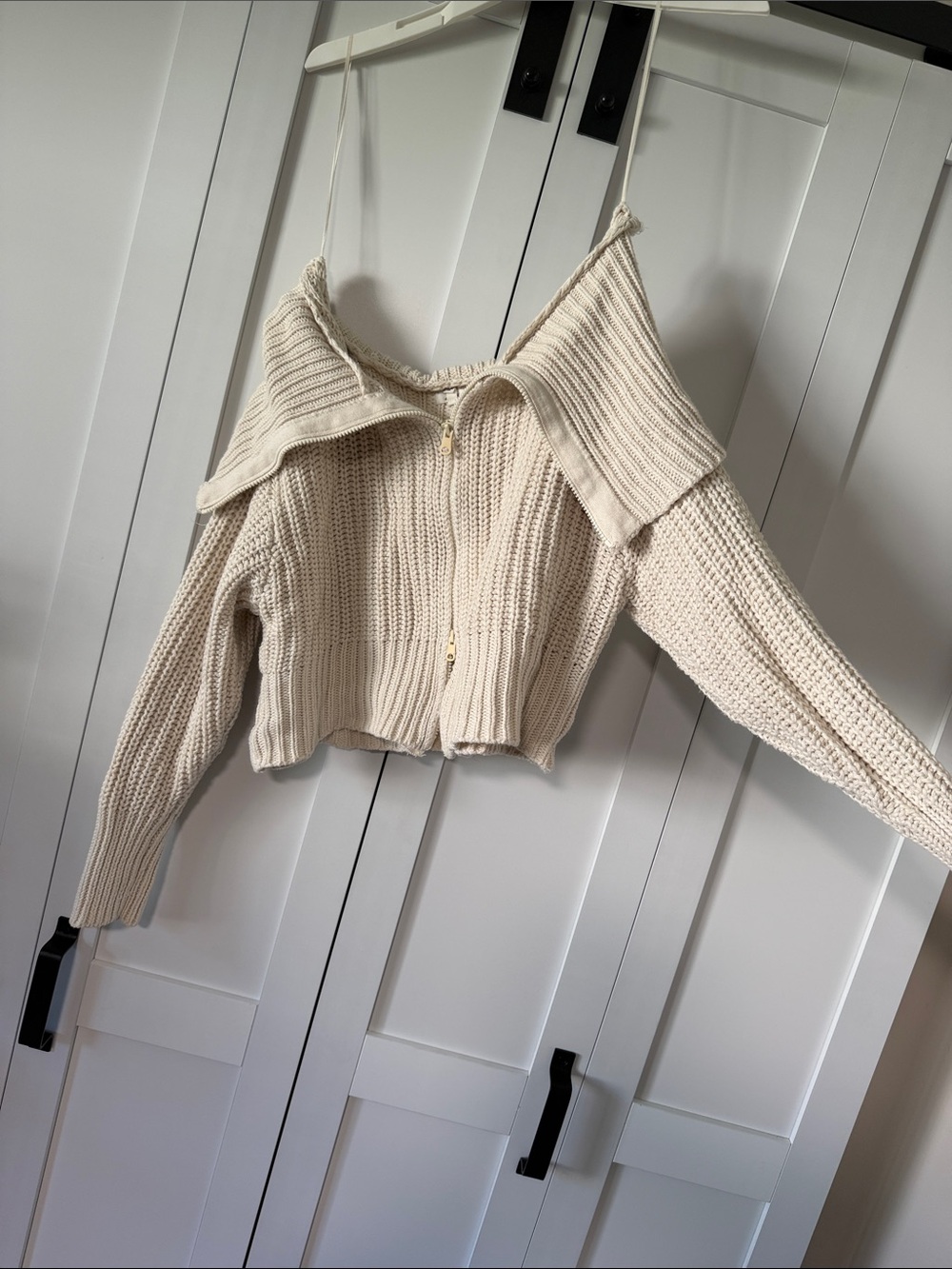 aerie Cream Off-Shoulder Cropped Zip Knit Sweater